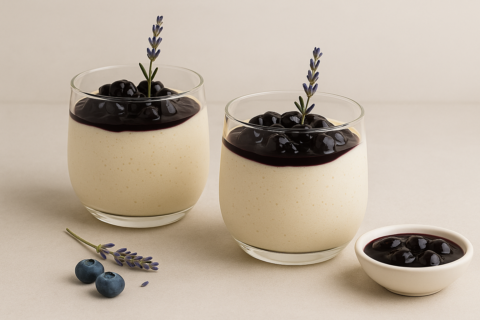 Weiße Lavendelmousse mit Blaubeerkompott 